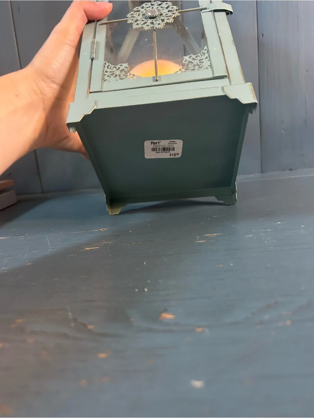 Pier 1 Imports Light Blue Metal Decorative Lantern with Filigree Medallion